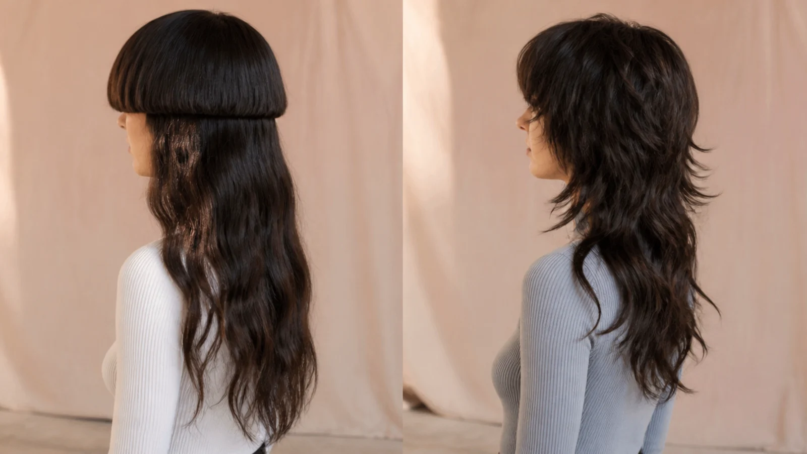 2B wavy hair compared in a jellyfish haircut bell and a wolf cut with piecey ends