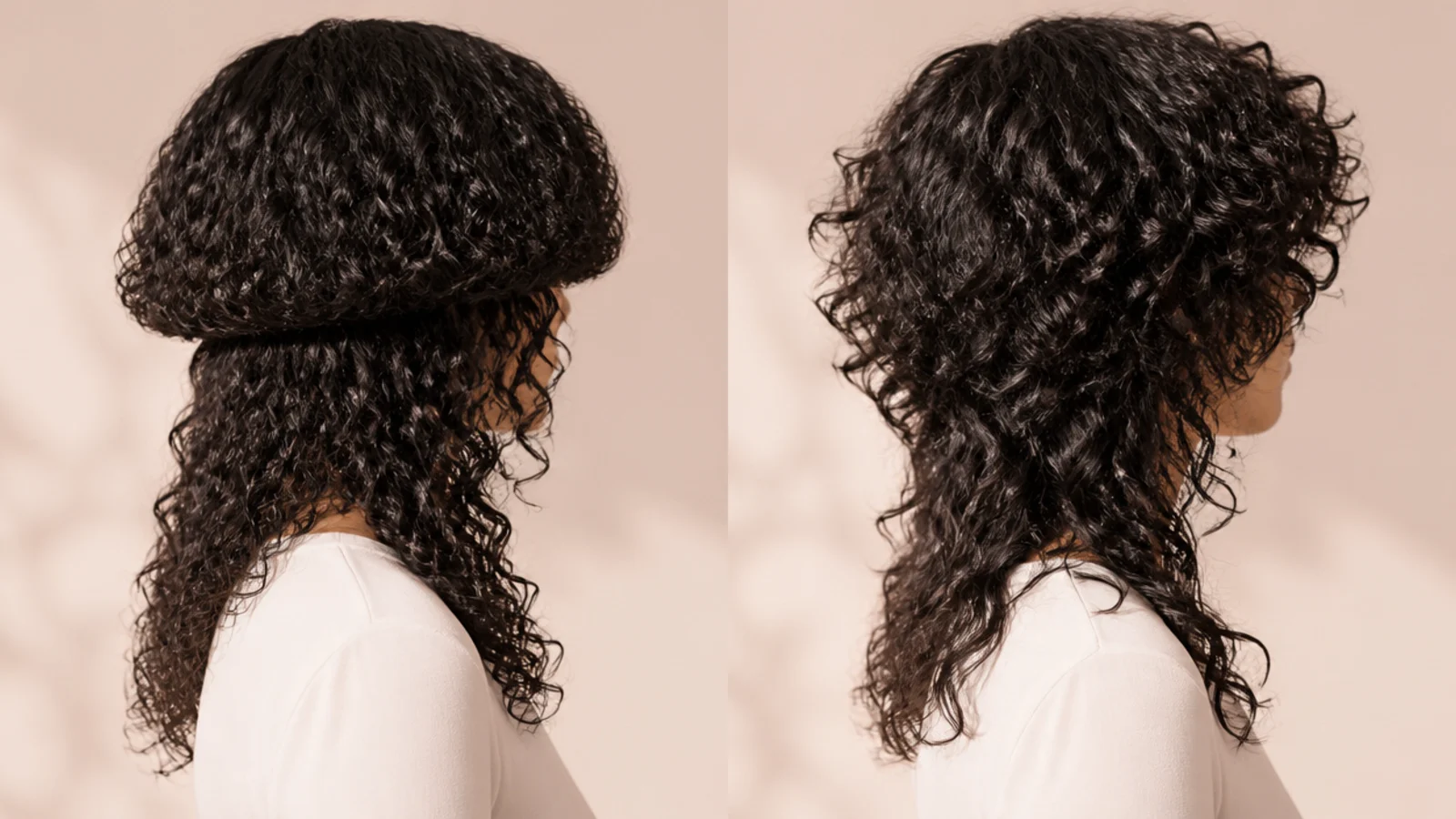 3B curly hair compared in a rounded jellyfish bell and a layered curly wolf cut