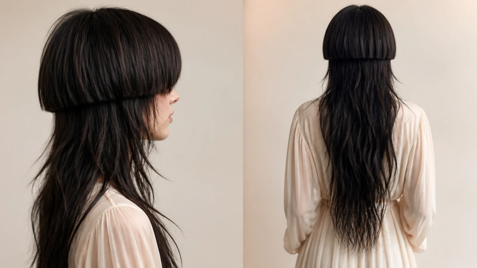 Waist length hair compared with a jellyfish bell over long lengths and a layered wolf cut