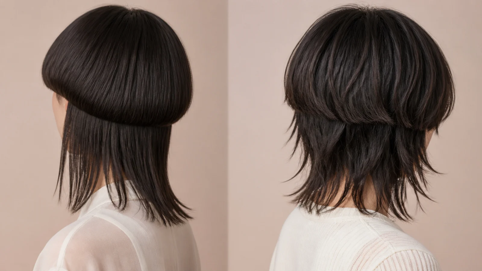 Shoulder length hair compared with a short jellyfish bell and a shaggy shoulder length wolf cut