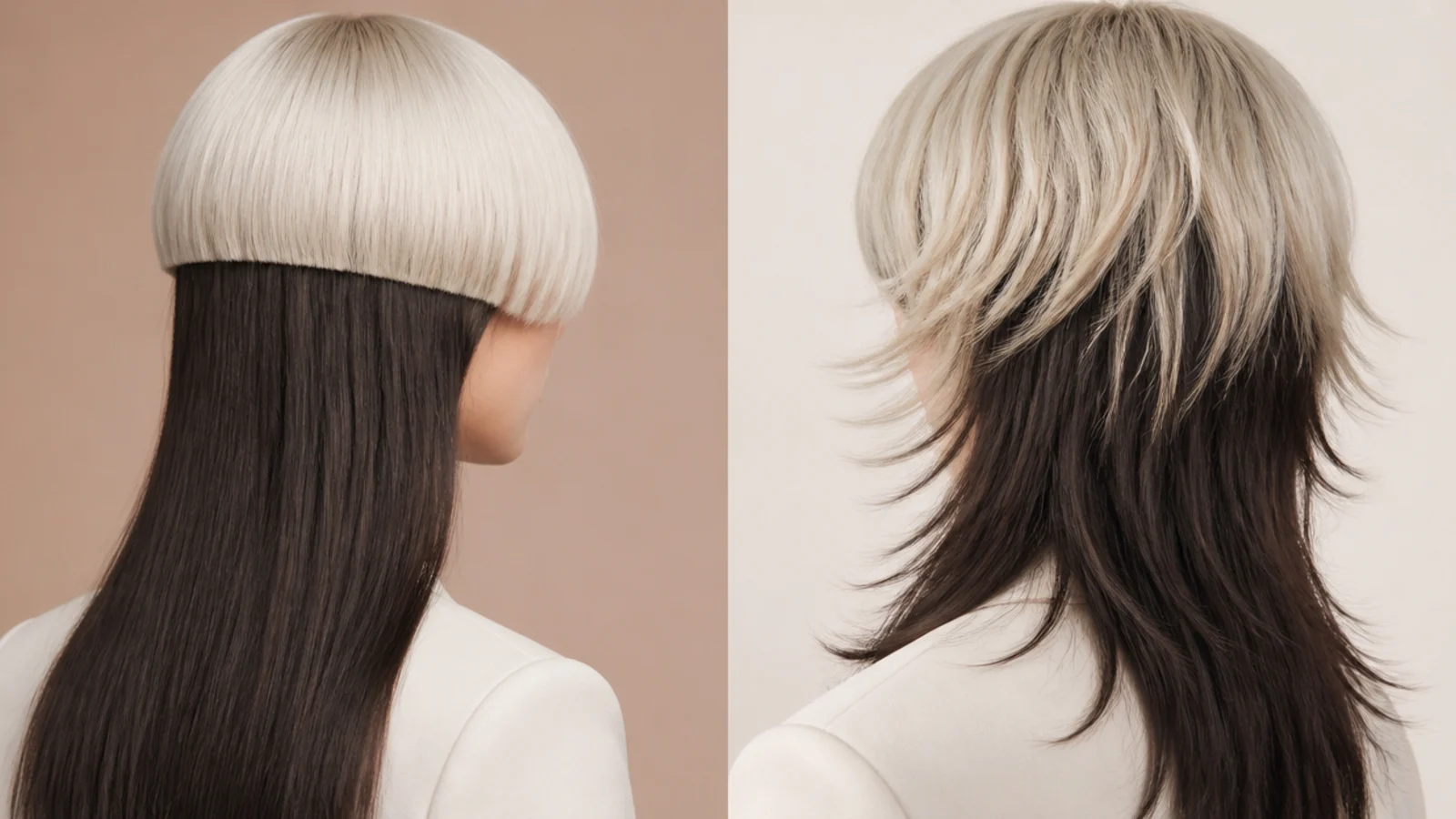 Two-tone platinum jellyfish bell over dark lengths compared with a wolf cut money piece
