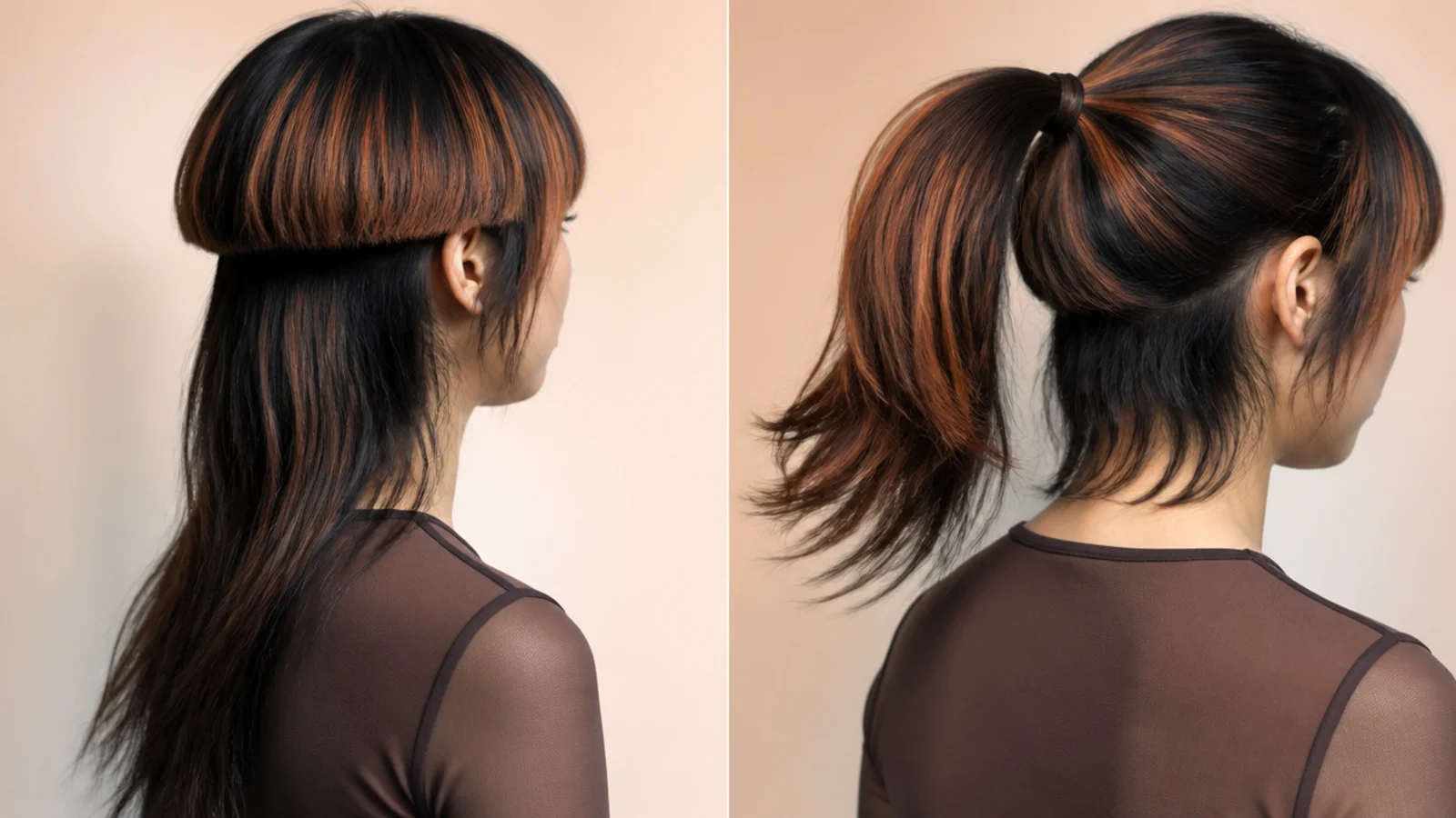 Jellyfish haircut and wolf cut compared pulled into a ponytail showing escaped short layers
