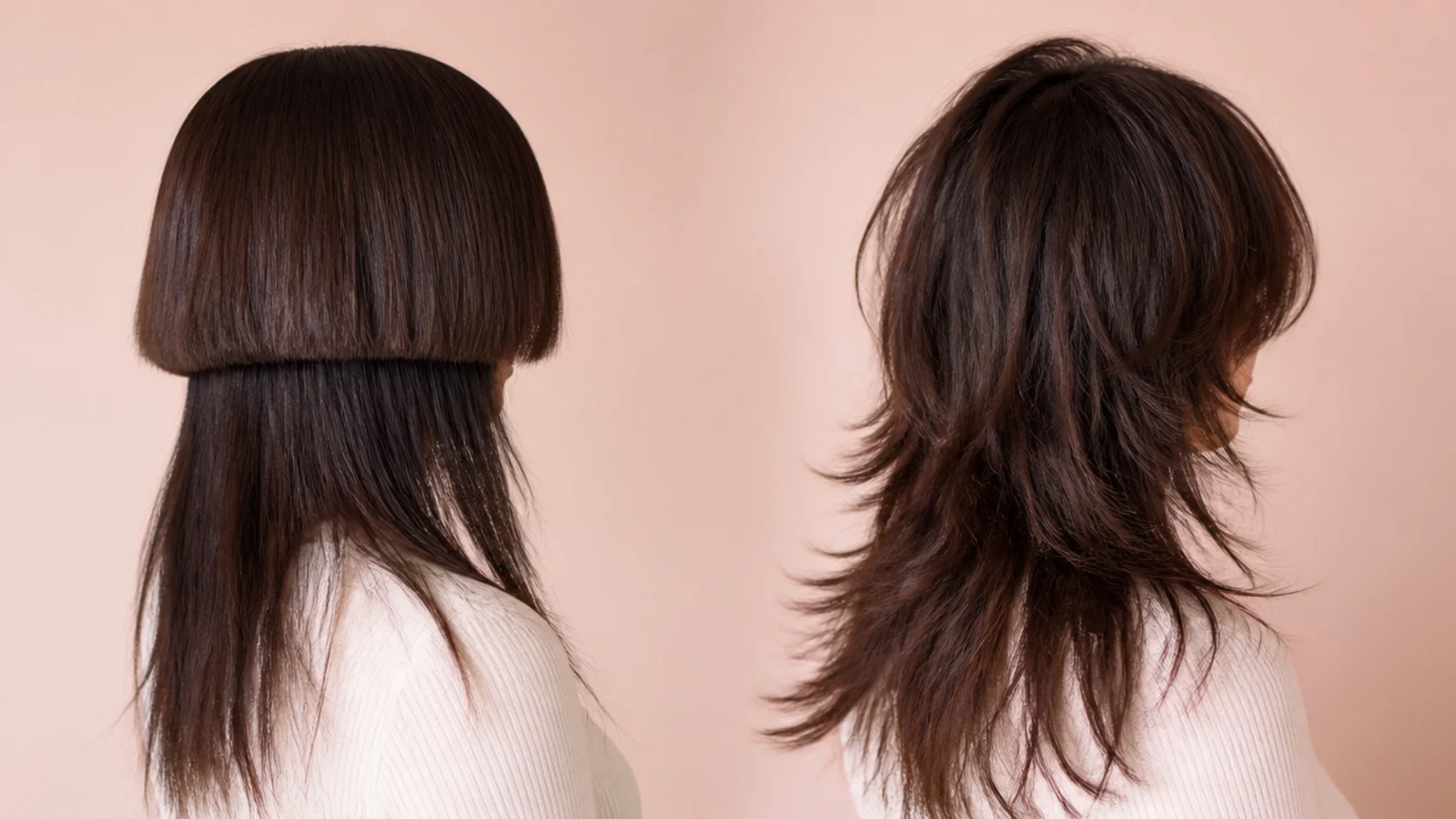 Month three grow-out compared, an awkward jellyfish bell beside a softened wolf cut