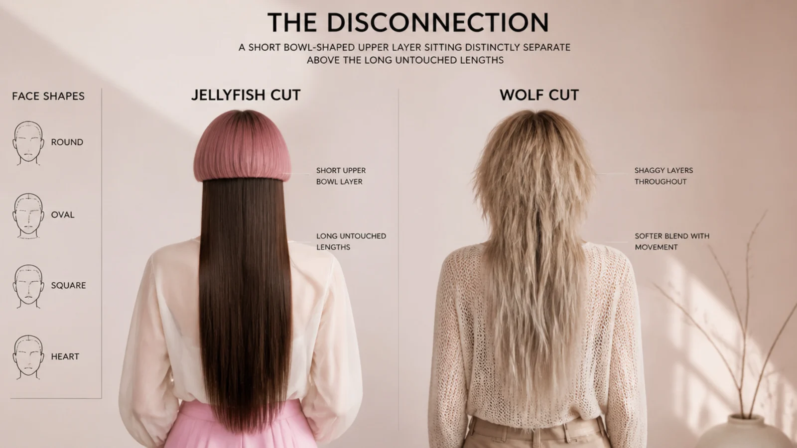 Round, oval, square and heart face shapes compared with a jellyfish haircut and a wolf cut