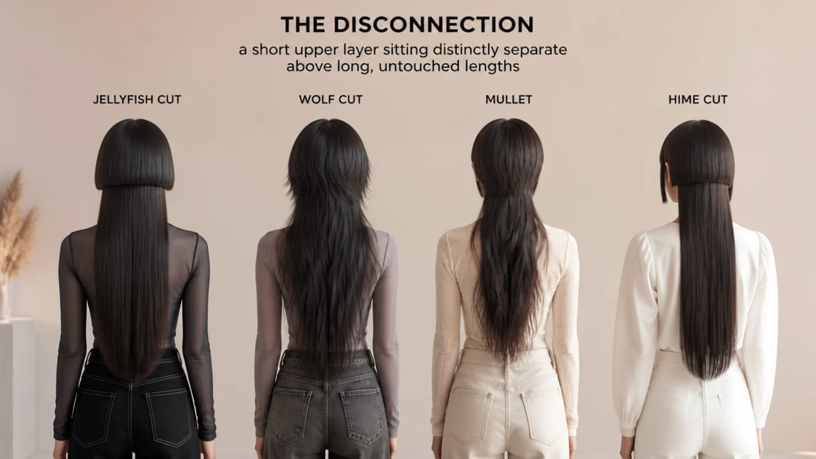 Four haircuts compared side by side, jellyfish cut, wolf cut, mullet and hime cut on long hair
