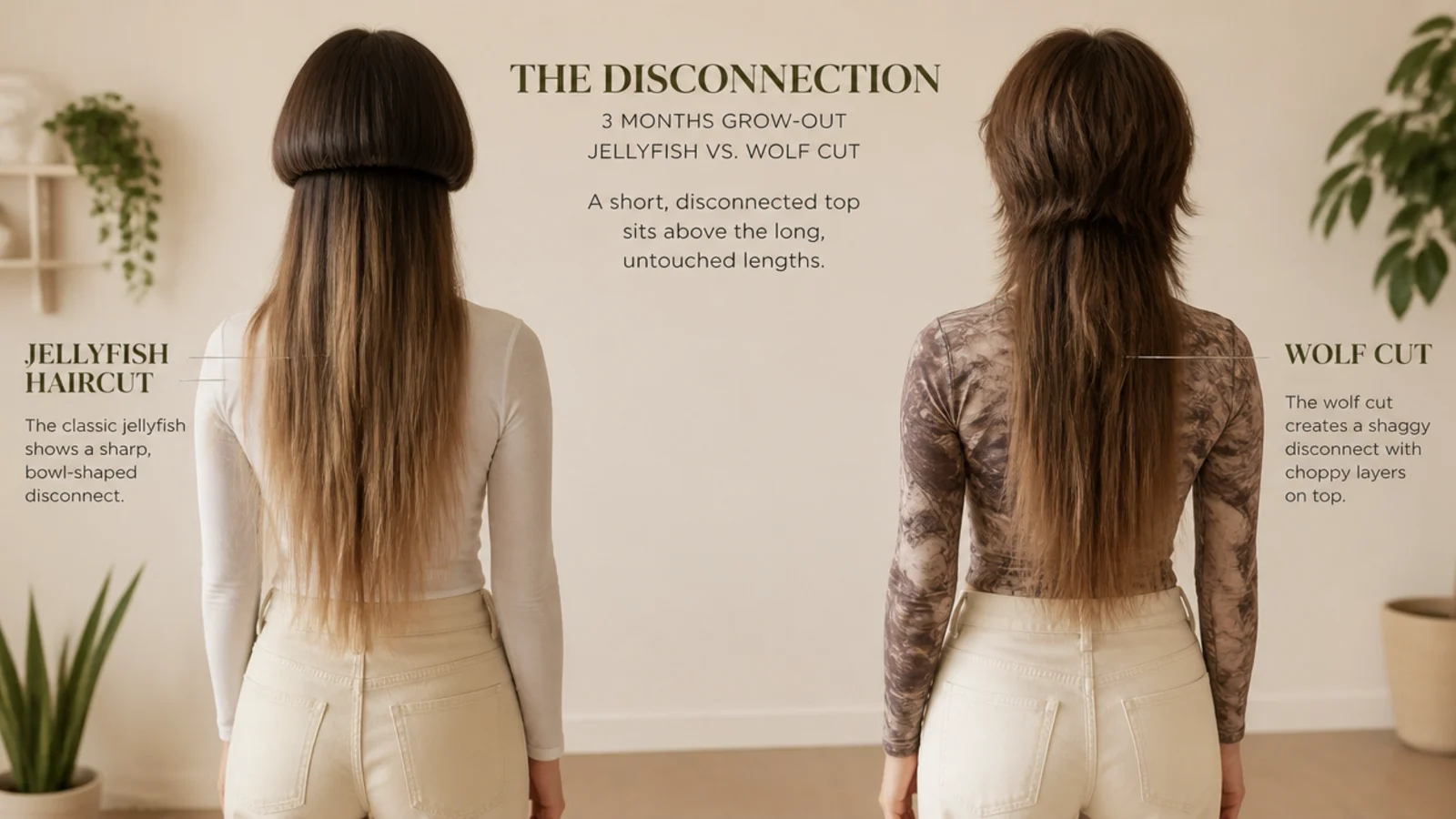 Grow-out stages compared for a jellyfish haircut bell and a wolf cut layer set at three months