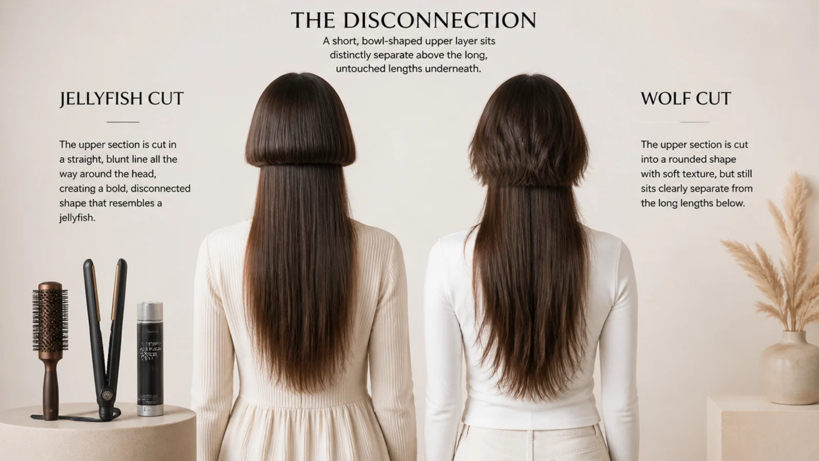 Styling tools compared for a jellyfish haircut and a wolf cut, round brush and flat iron beside texture spray