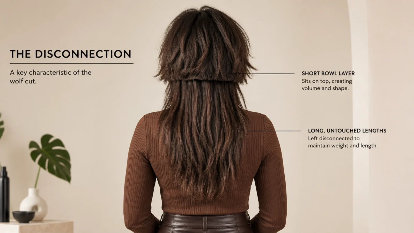 Wolf cut structure showing choppy blended layers from the crown through shaggy shoulder length ends