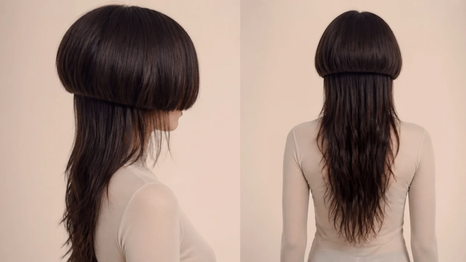Layered jellyfish haircut with razored feathered ends on the long tentacle section under a blunt bell