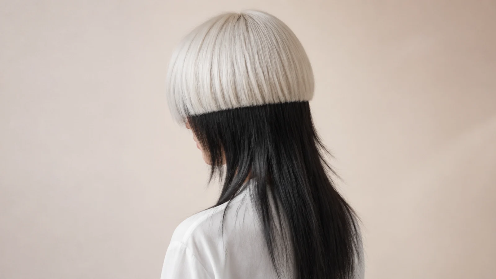 Two-tone layered jellyfish haircut with a platinum bell over dark layered tentacle lengths