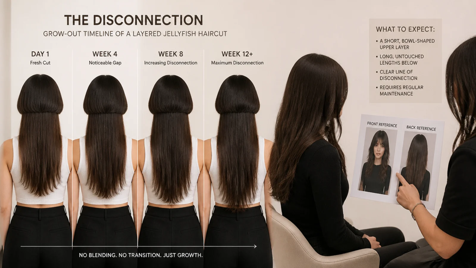 Grow-out timeline for a layered jellyfish haircut and a salon consultation with front and back reference photos