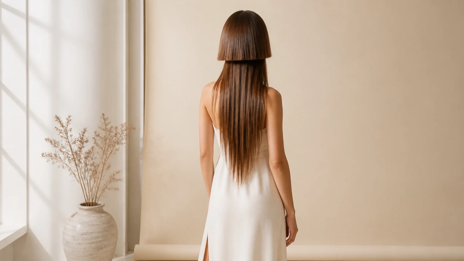 Woman with a layered jellyfish haircut showing a blunt chin-length bell over long layered tentacle lengths