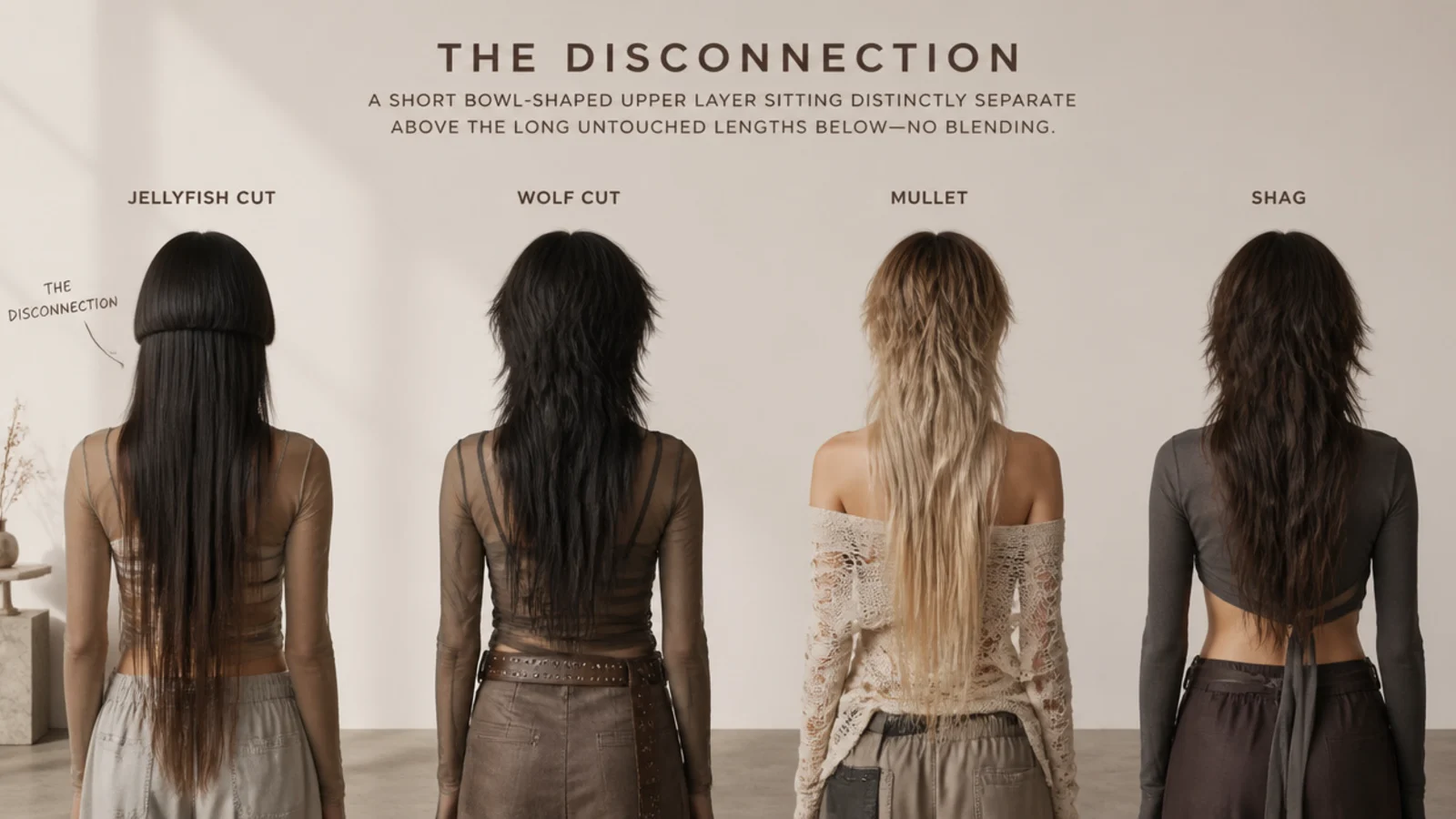 Silhouettes comparing a layered jellyfish haircut, wolf cut, mullet and shag on long hair