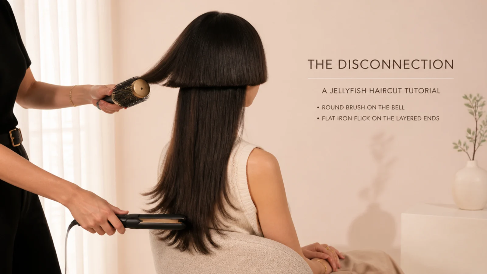 Styling a layered jellyfish haircut with a round brush on the bell and a flat iron flick on the layered ends