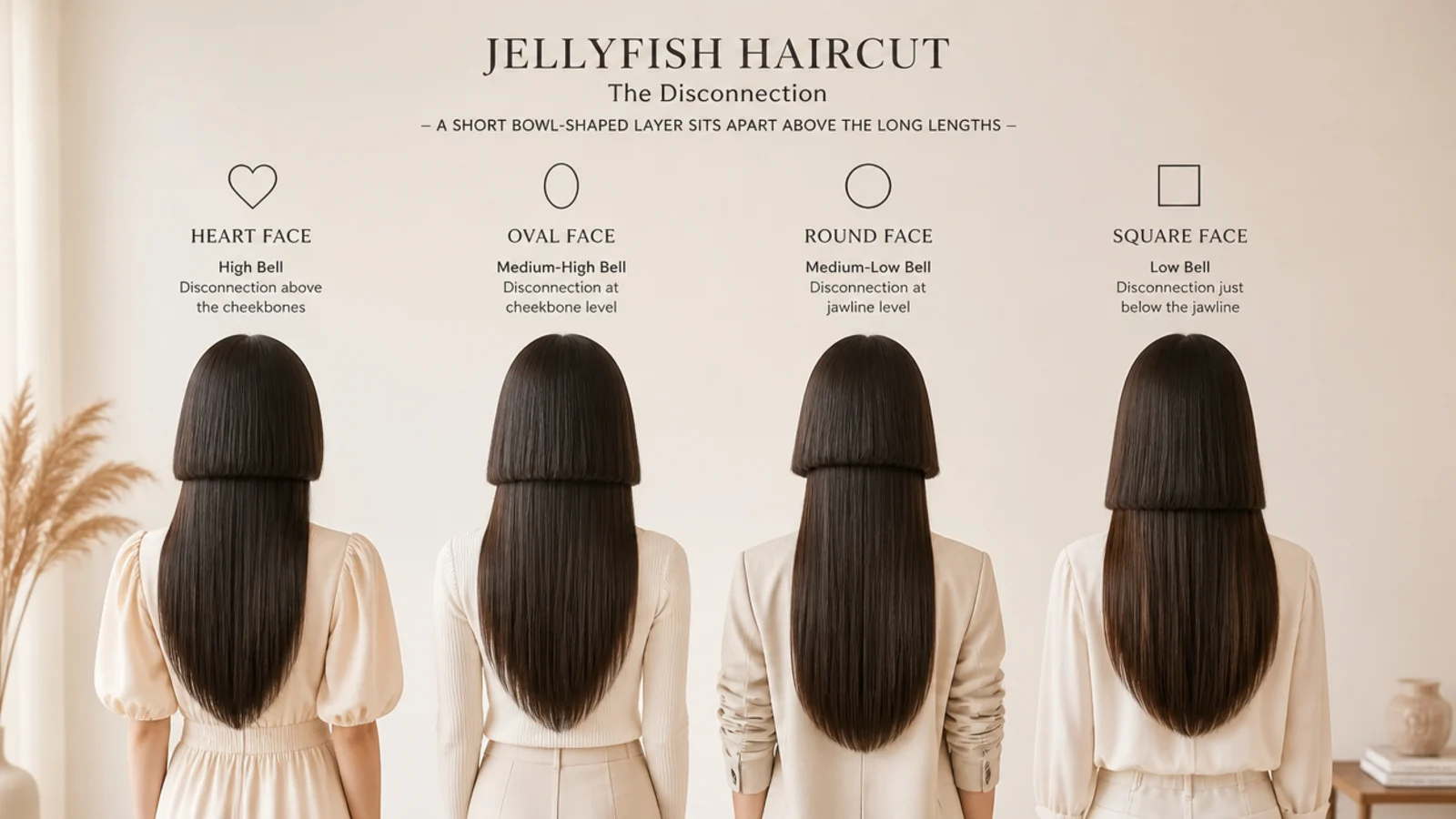 Four face shapes compared for a layered jellyfish haircut with different bell heights and layer placement