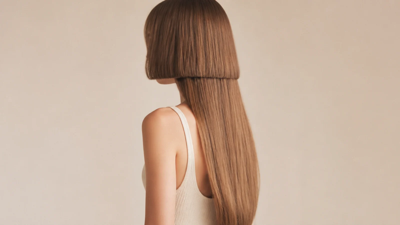 Waist-length jellyfish haircut with a cheekbone-length bowl top layer over long straight hair