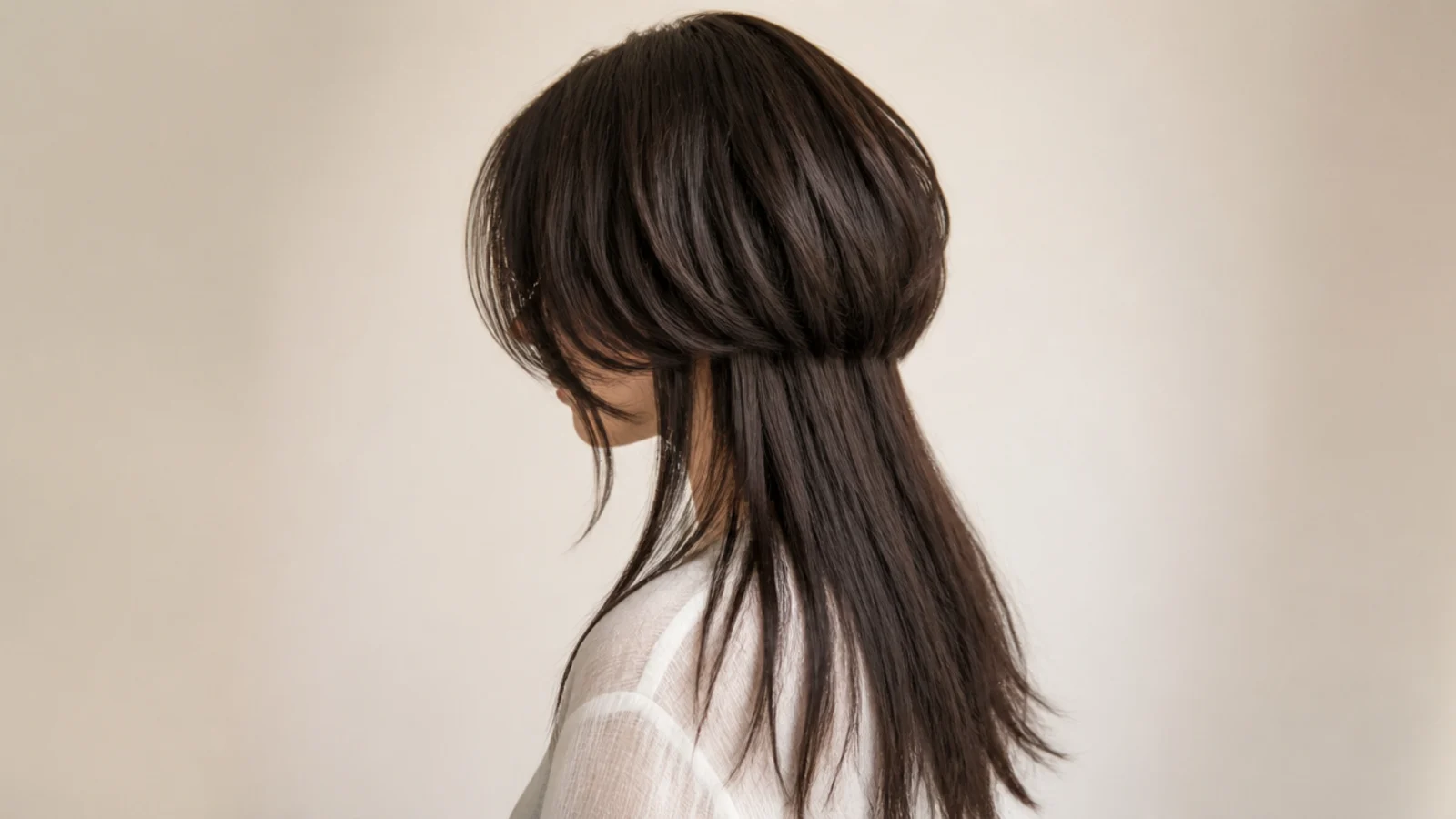 Mid-back long jellyfish haircut with curtain bangs framing the face over a rounded top layer