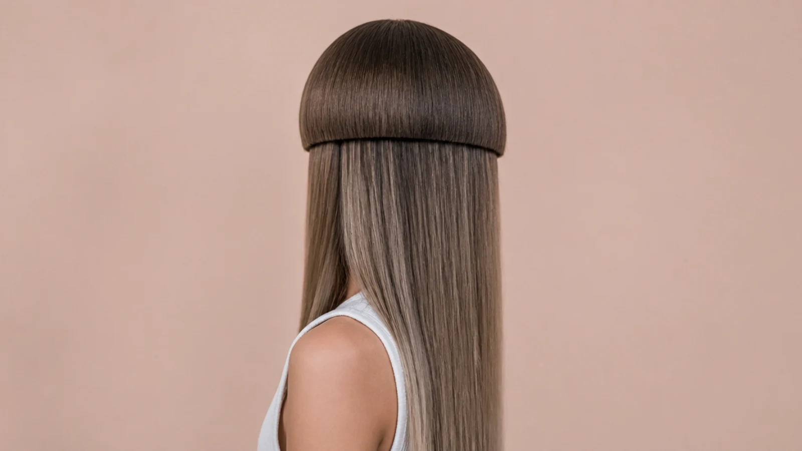 Long straight jellyfish haircut with a sharply blunt bowl-shaped top layer and glassy lengths