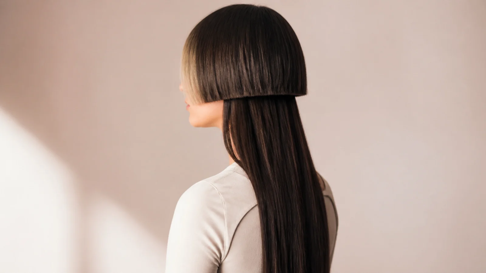 Long jellyfish haircut with a lightened money piece at the front of the bell over dark lengths