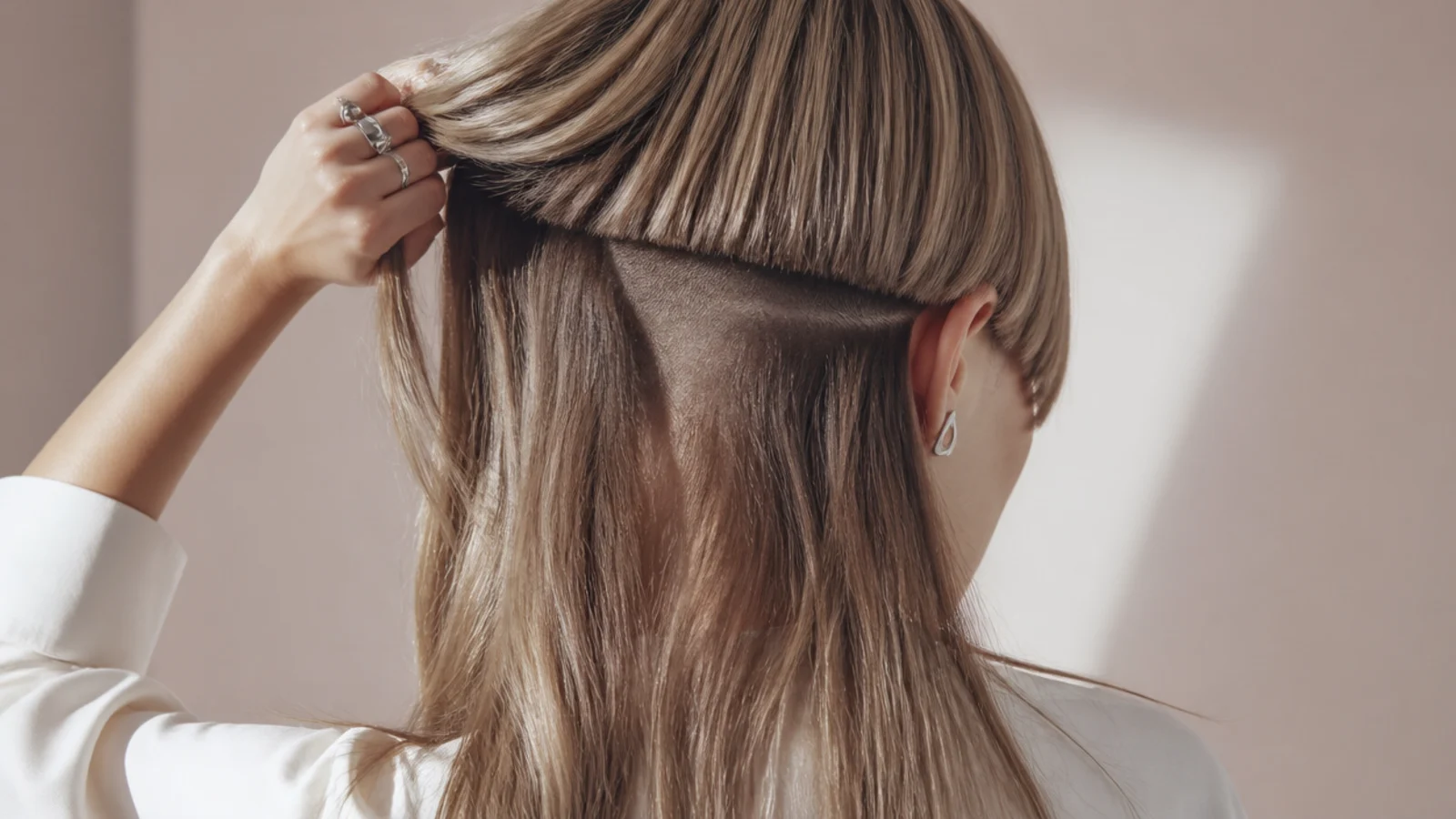 Long jellyfish haircut with a hidden undercut at the nape revealed when the long lengths lift