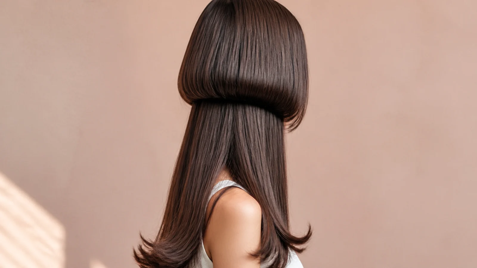 Long jellyfish haircut with the bell flicked under in a C curve and the long ends curled outward