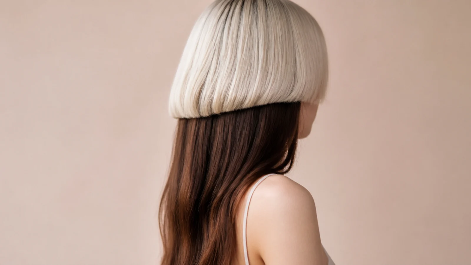 Long jellyfish haircut with a platinum blonde bell layer over long dark brown lengths