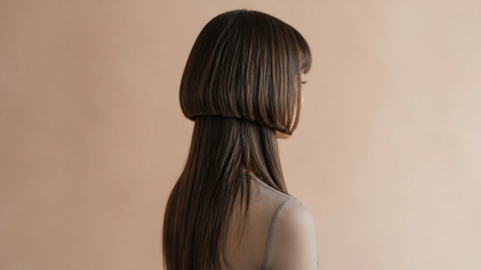 Long jellyfish haircut with wispy micro bangs above the brows and a rounded chin-length bell