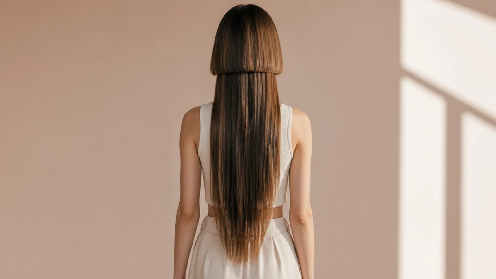 Extra long jellyfish haircut with a jaw-length bell over hip-length hair seen from behind