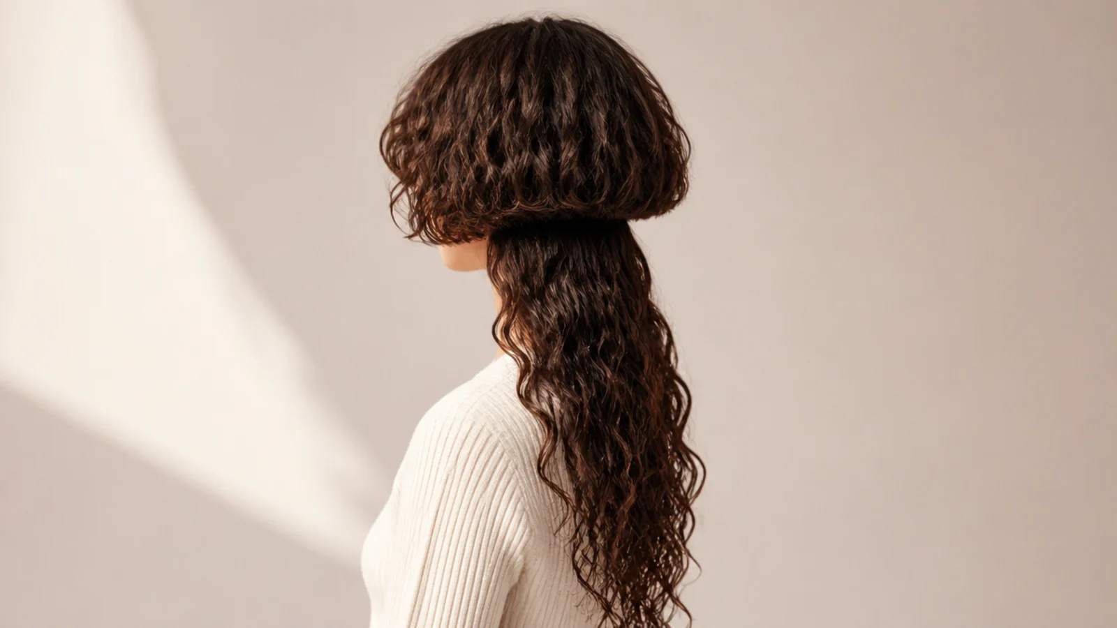 Long curly jellyfish haircut with a diffused rounded bell and defined curls through the lengths