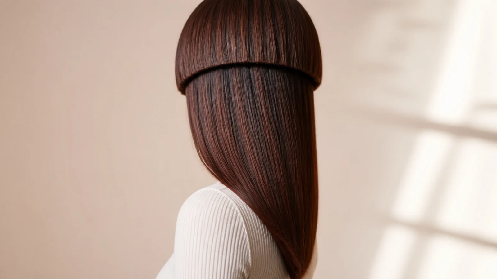 Long jellyfish haircut with a deep V-shaped hem at the back under a rounded bell layer