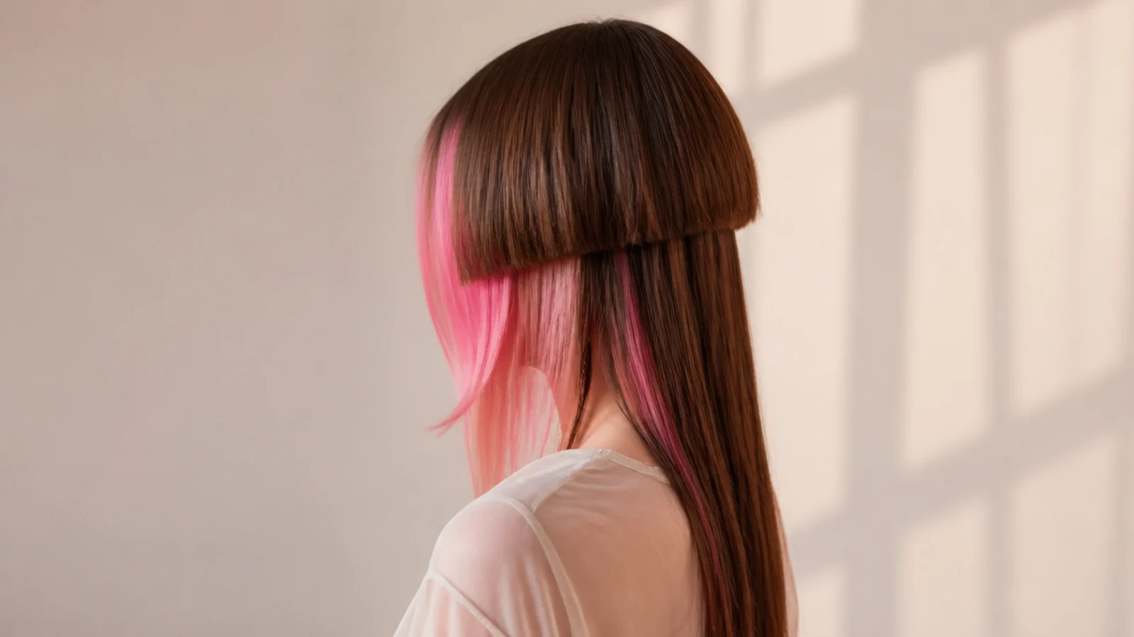 Long jellyfish haircut with bright pink face-framing panels in the bell over long brown hair