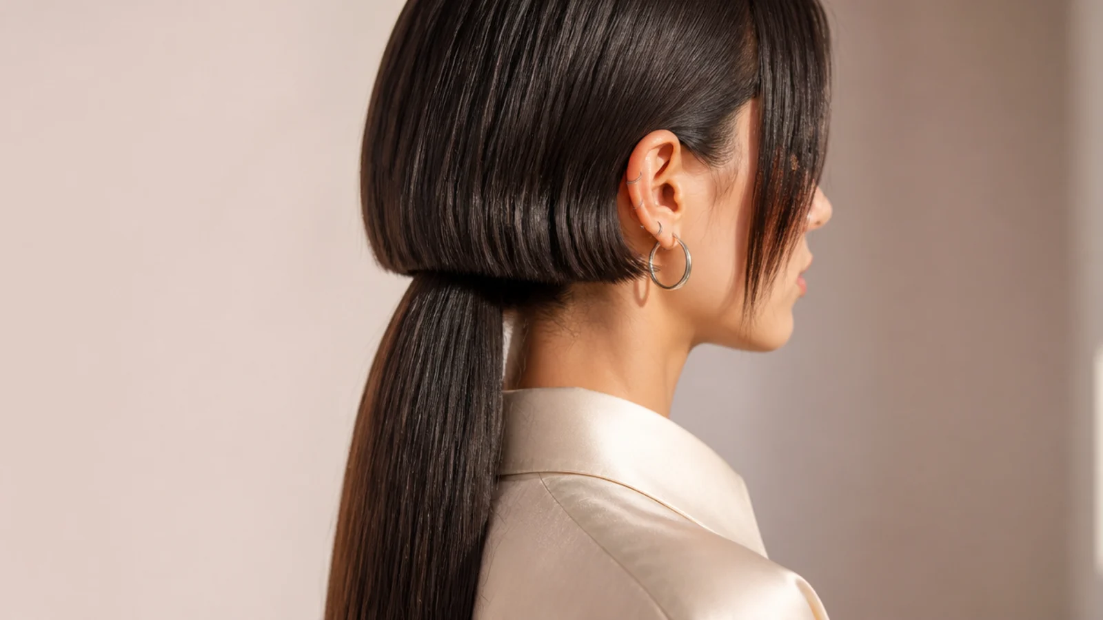 Long jellyfish haircut styled into a low ponytail with the short bell layer smoothed back