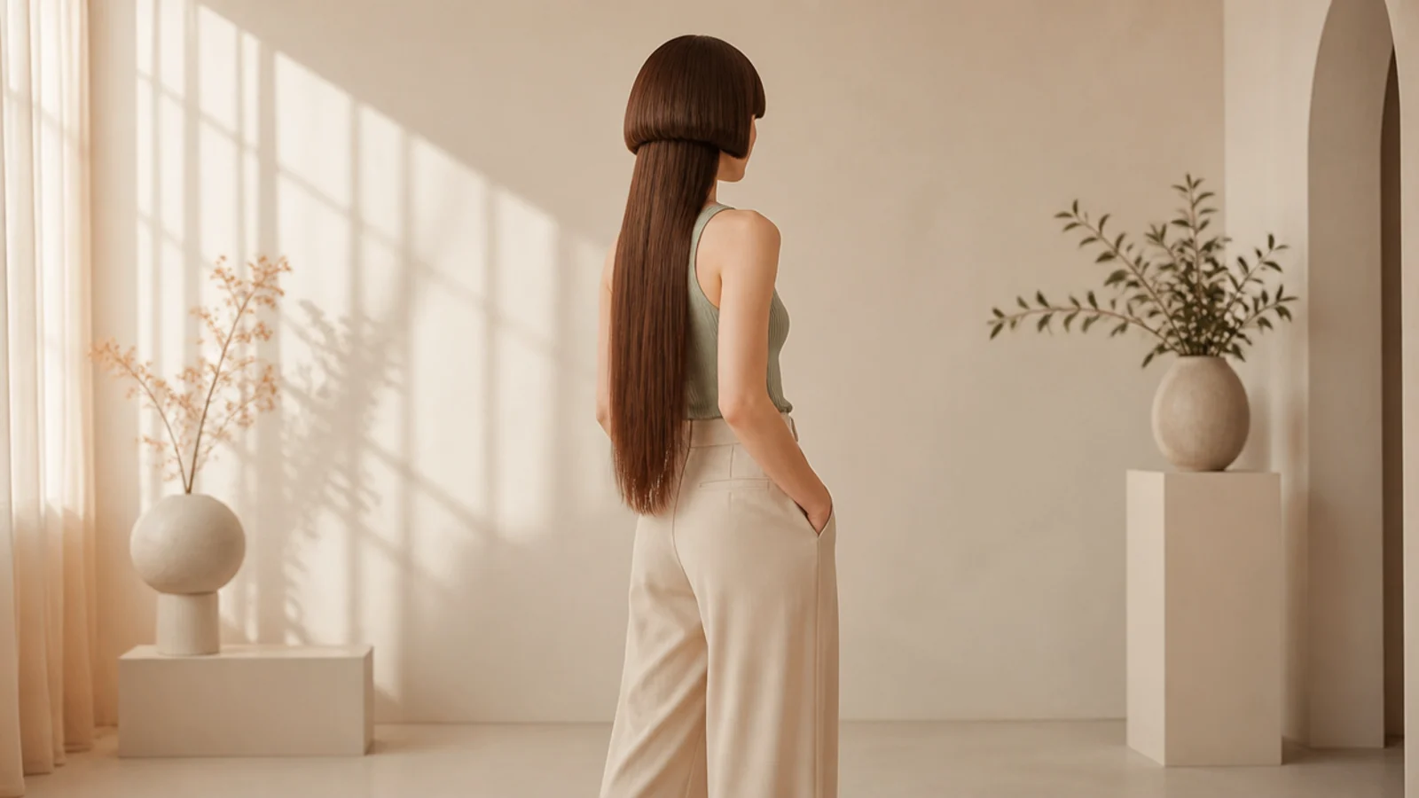 Long jellyfish haircut on a woman with a cheekbone-length bowl-shaped top layer over waist-length hair