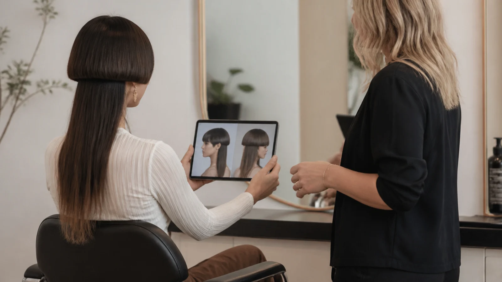 Client showing a stylist reference photos of a long jellyfish haircut at a salon mirror