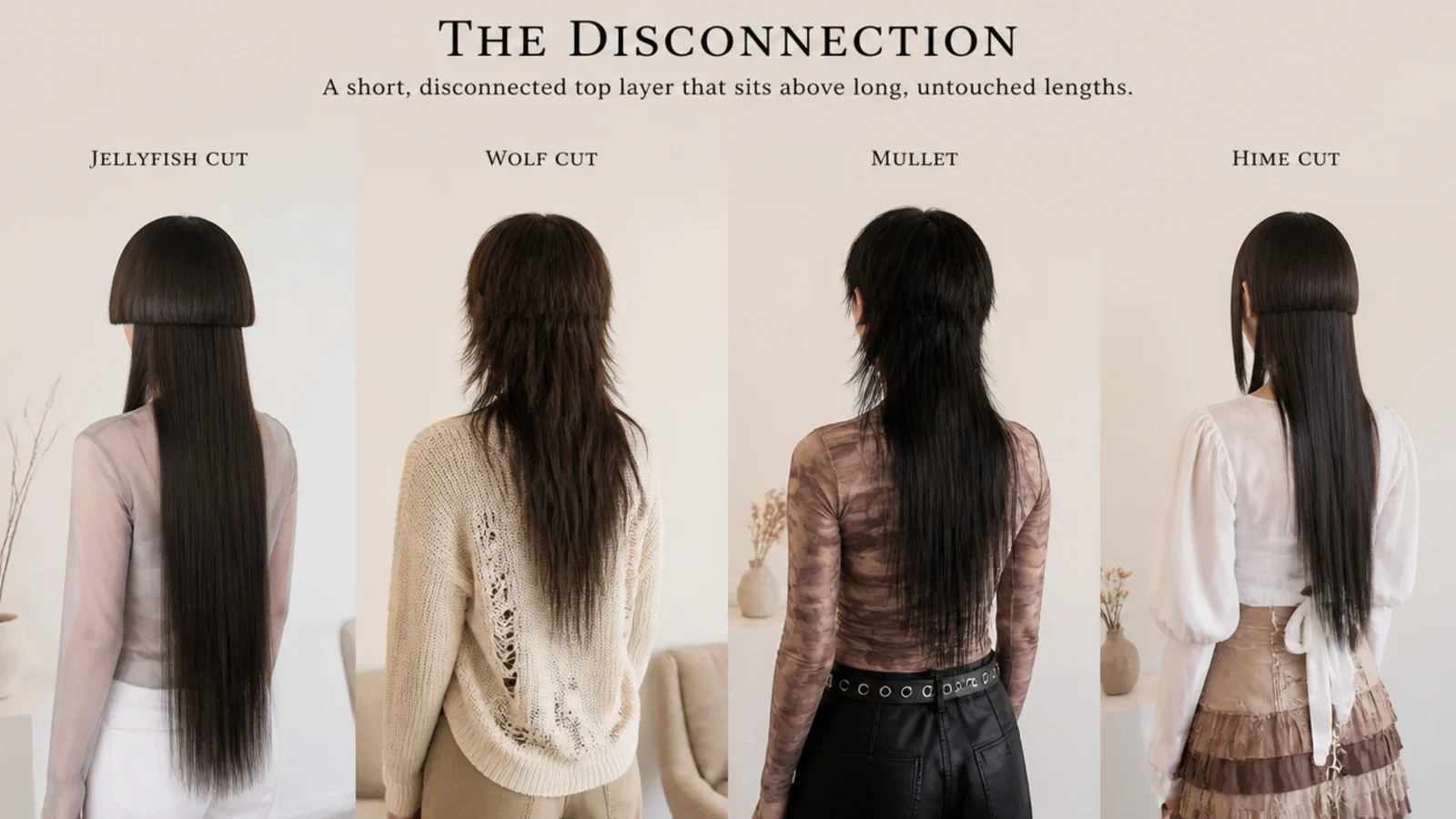 Long jellyfish haircut compared side by side with a long wolf cut, a mullet and a hime cut