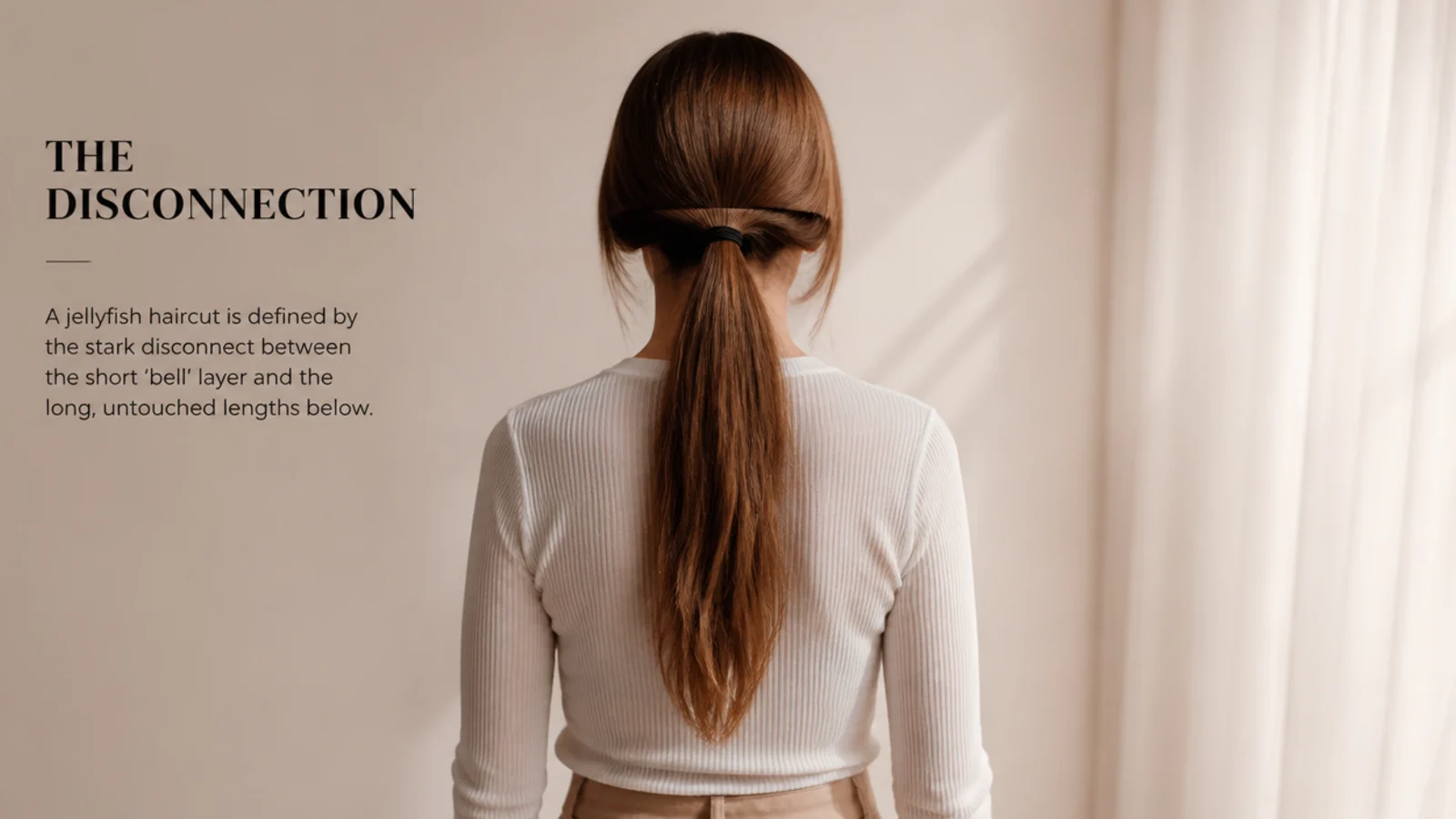 Long jellyfish haircut gathered into a low ponytail showing the shorter bell layer falling loose