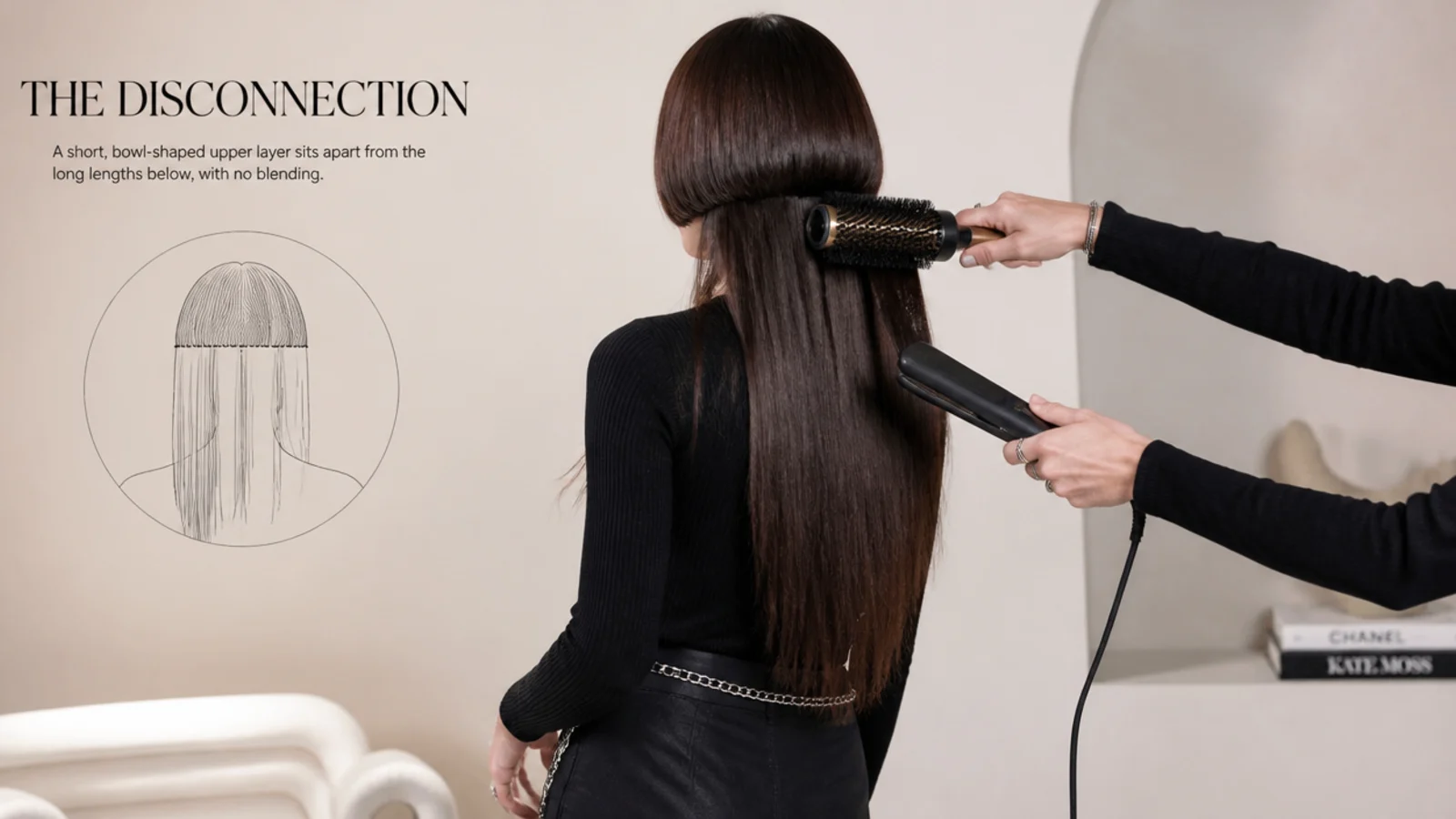 Round brush and flat iron styling the short bell layer of a long jellyfish haircut