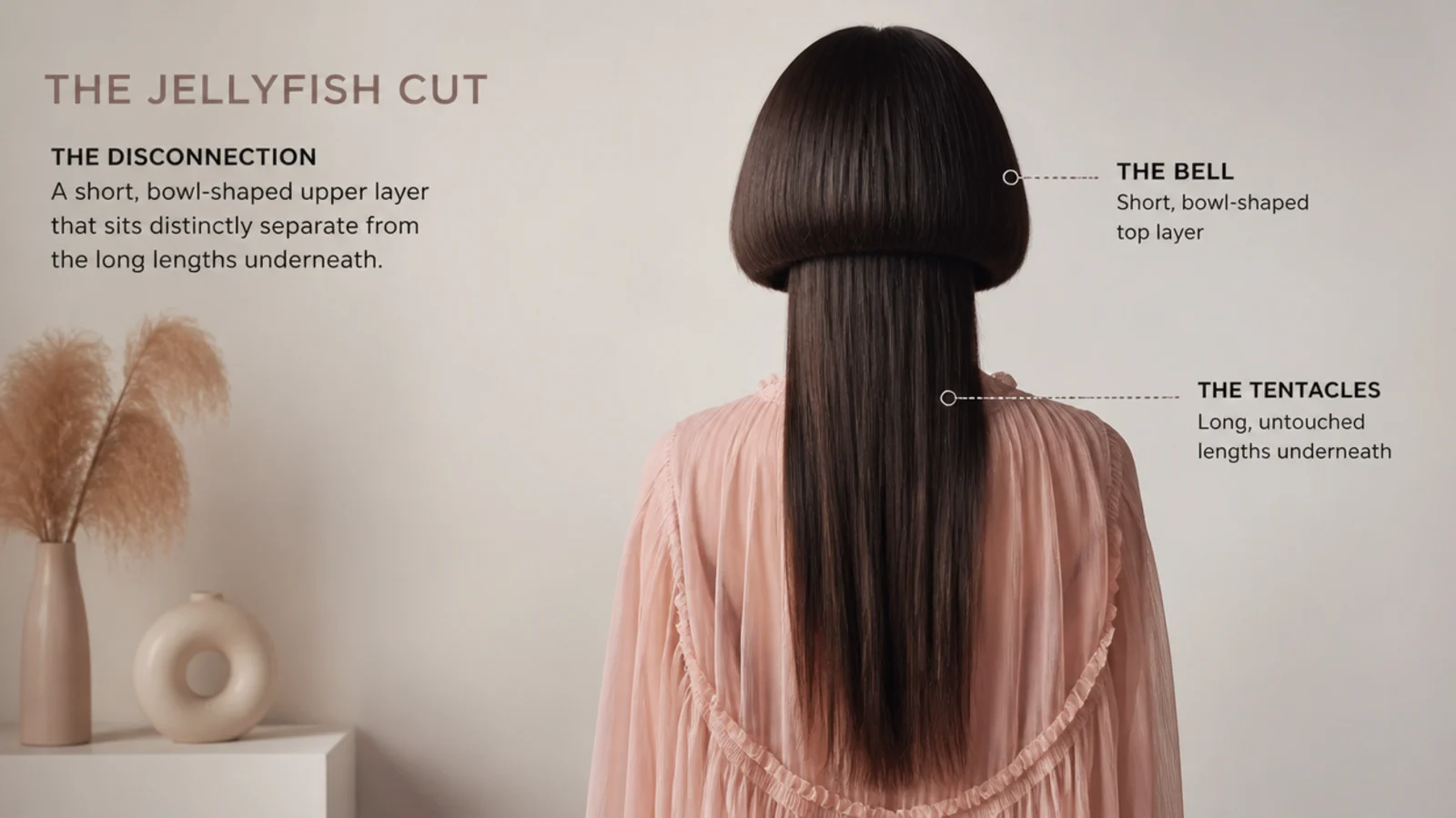 Diagram of a long jellyfish haircut showing the short bowl-shaped bell over untouched long lengths