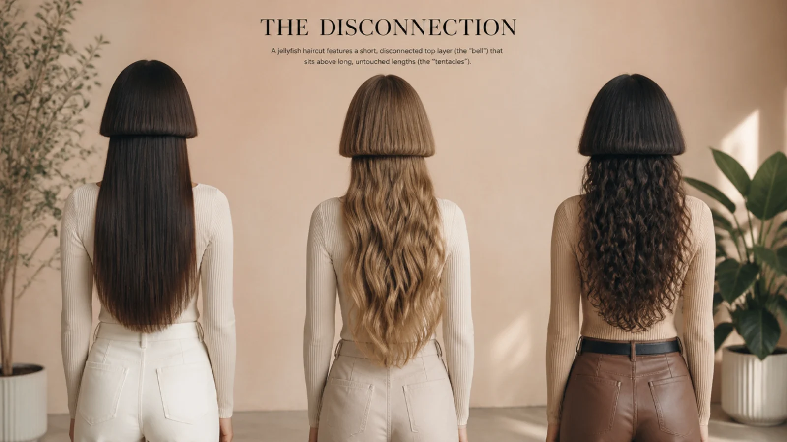 Three women compared with long jellyfish haircuts on straight, wavy and curly long hair