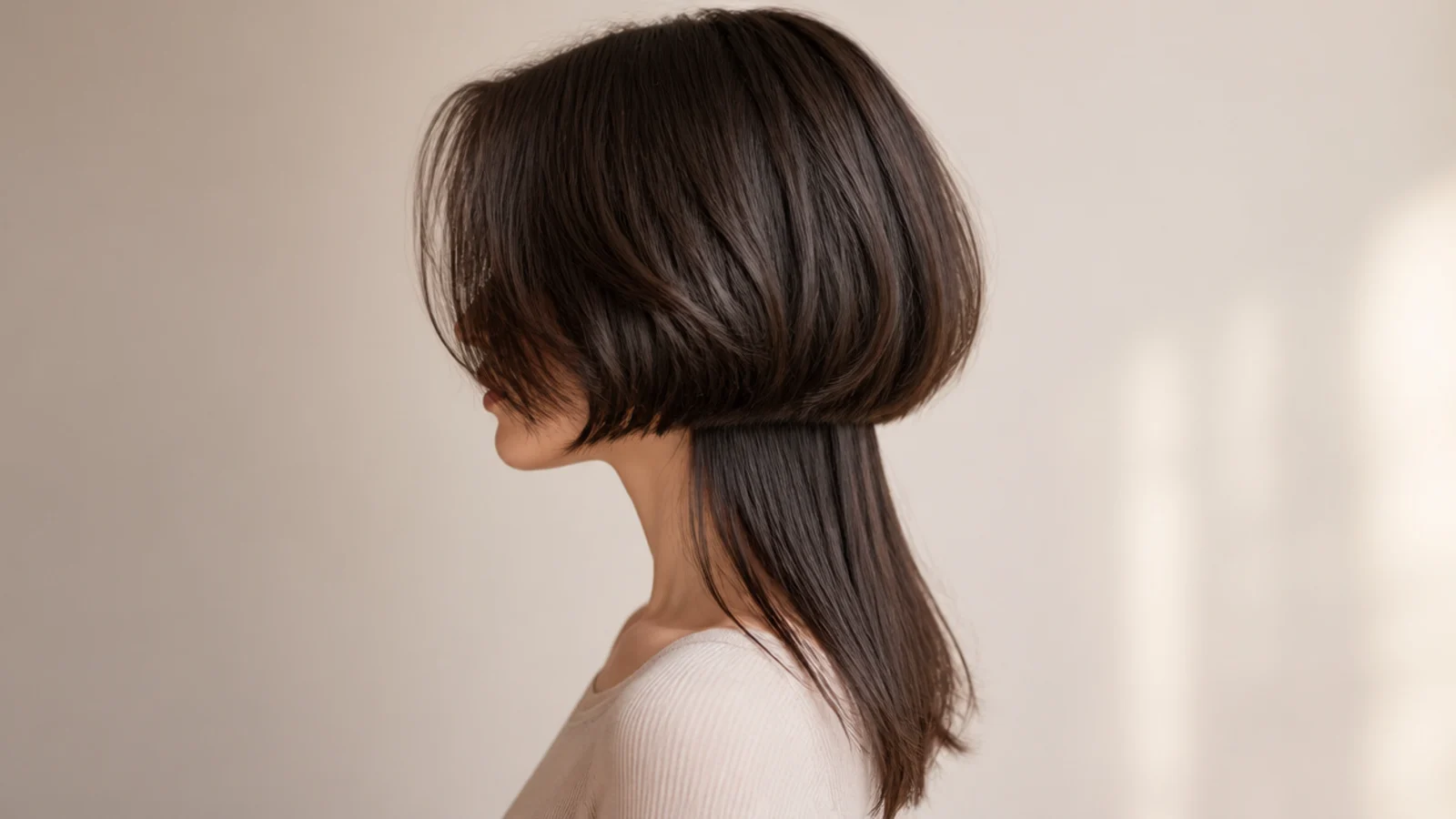 Medium jellyfish haircut with curtain bangs parting at the center over a jaw-length bell layer