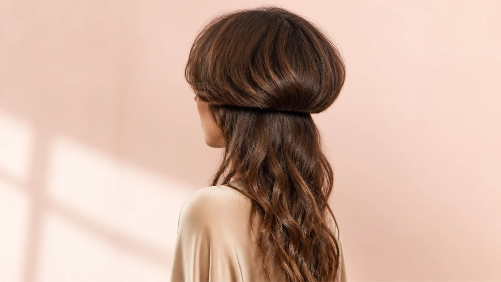 Medium jellyfish haircut on wavy hair with a short cheekbone-length bell and loose waves underneath
