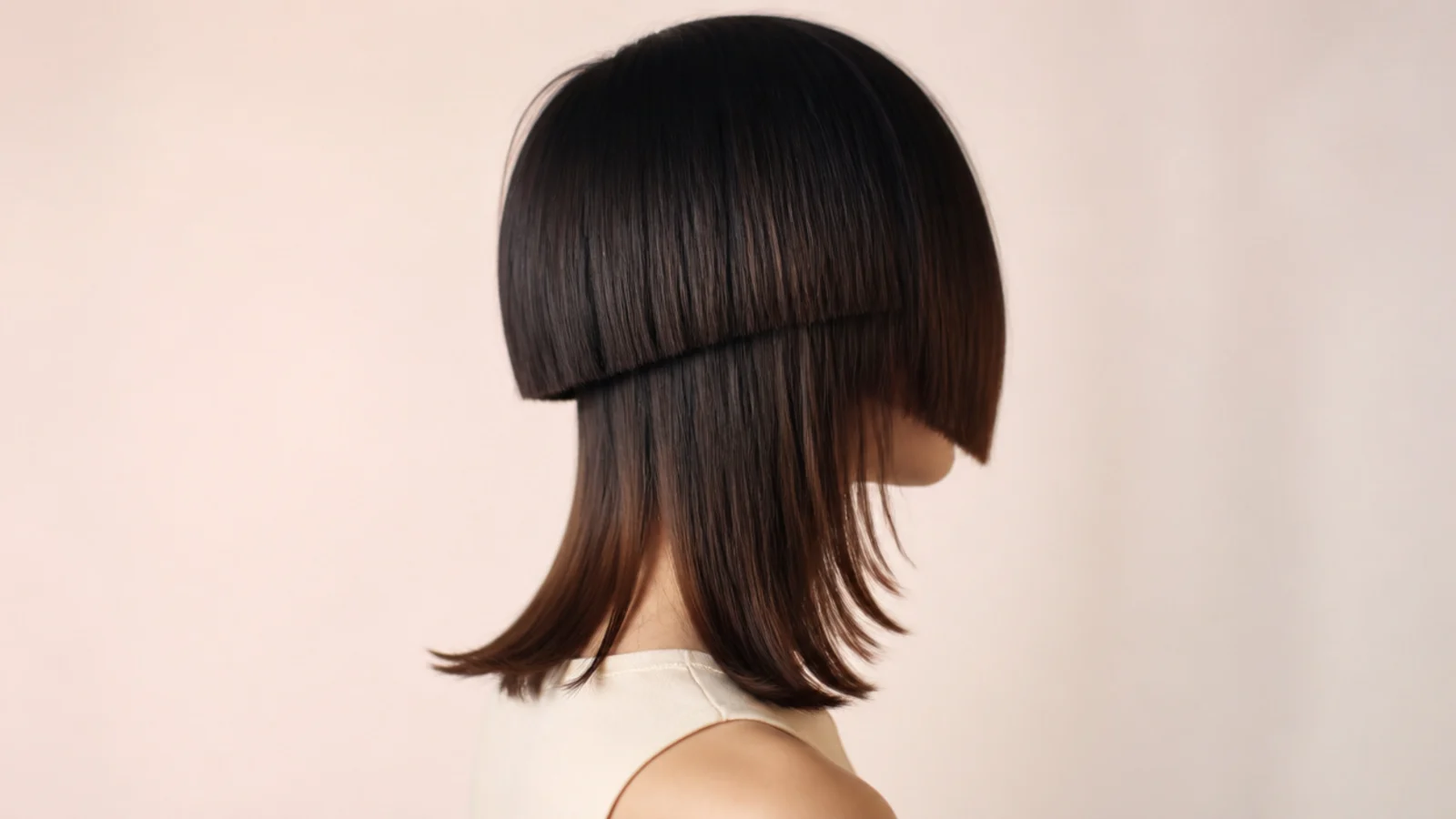 Medium jellyfish haircut with a blunt jaw-length bell and flat iron flipped ends on the long layer