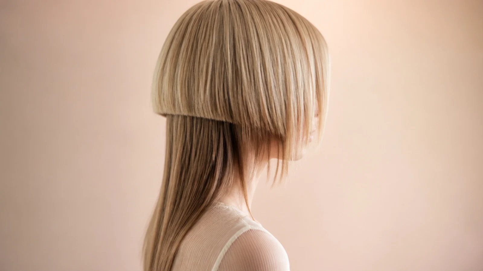 Medium jellyfish haircut with a chin-length bell over bra strap length hair showing strong contrast