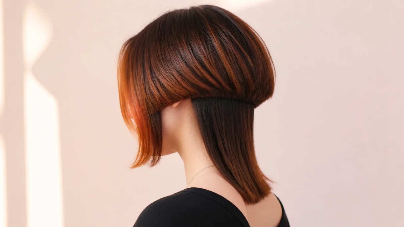 Medium jellyfish haircut with copper face-framing money piece pieces on a jaw-length bell