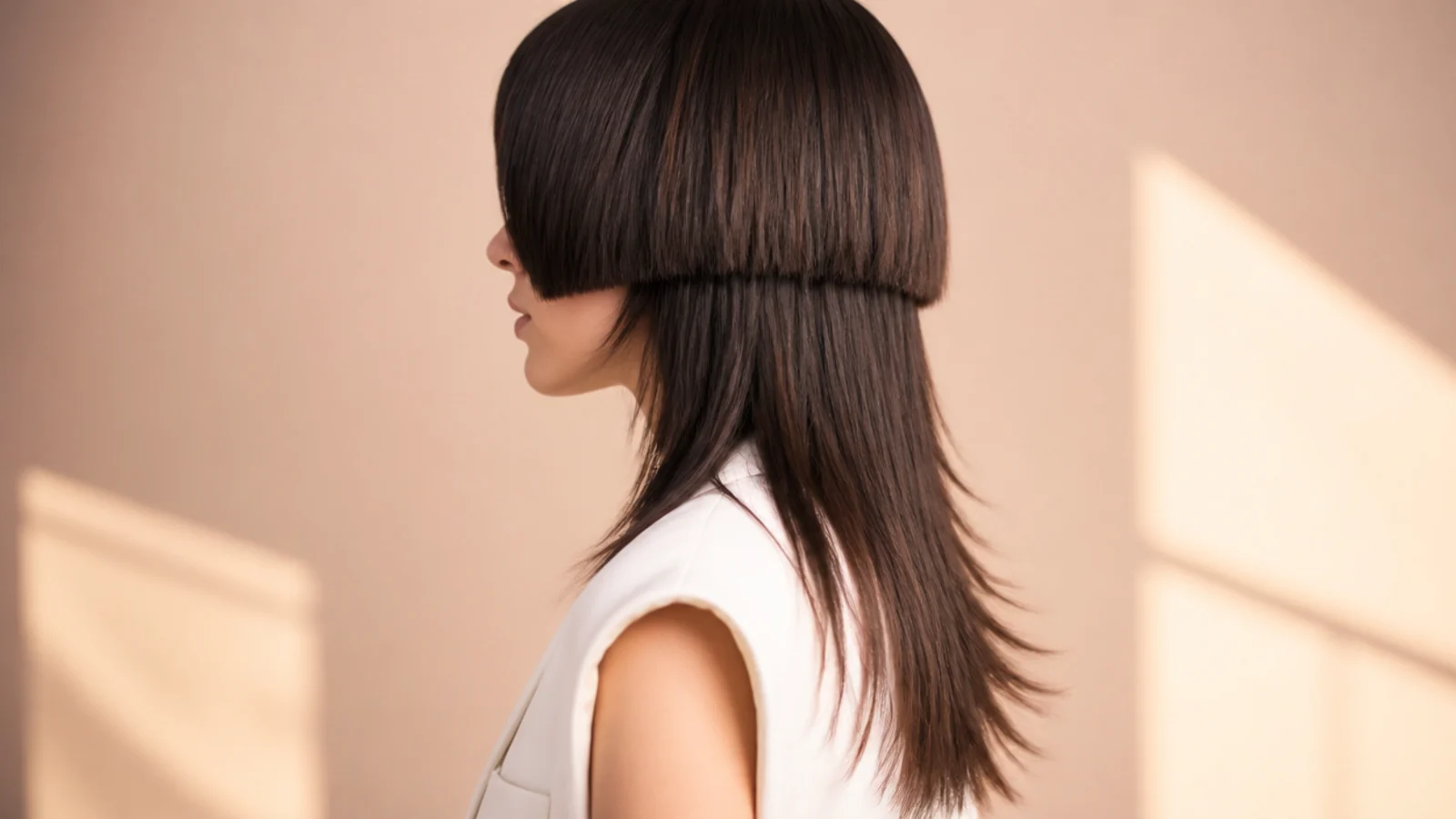 Razored medium jellyfish haircut with feathered ends on the lower layer and a blunt bell