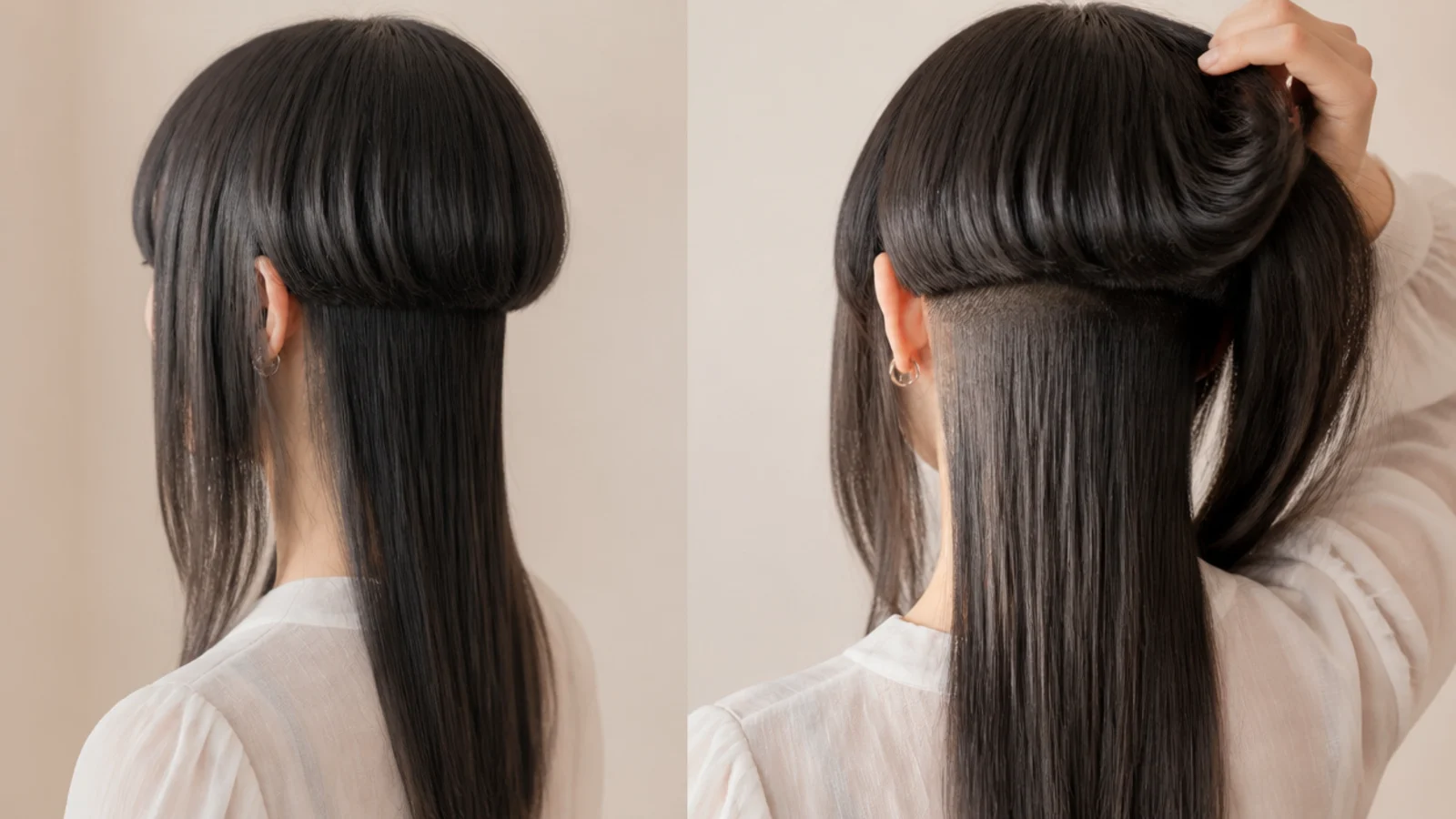 Medium jellyfish haircut with a hidden nape undercut revealed when the long layer is lifted