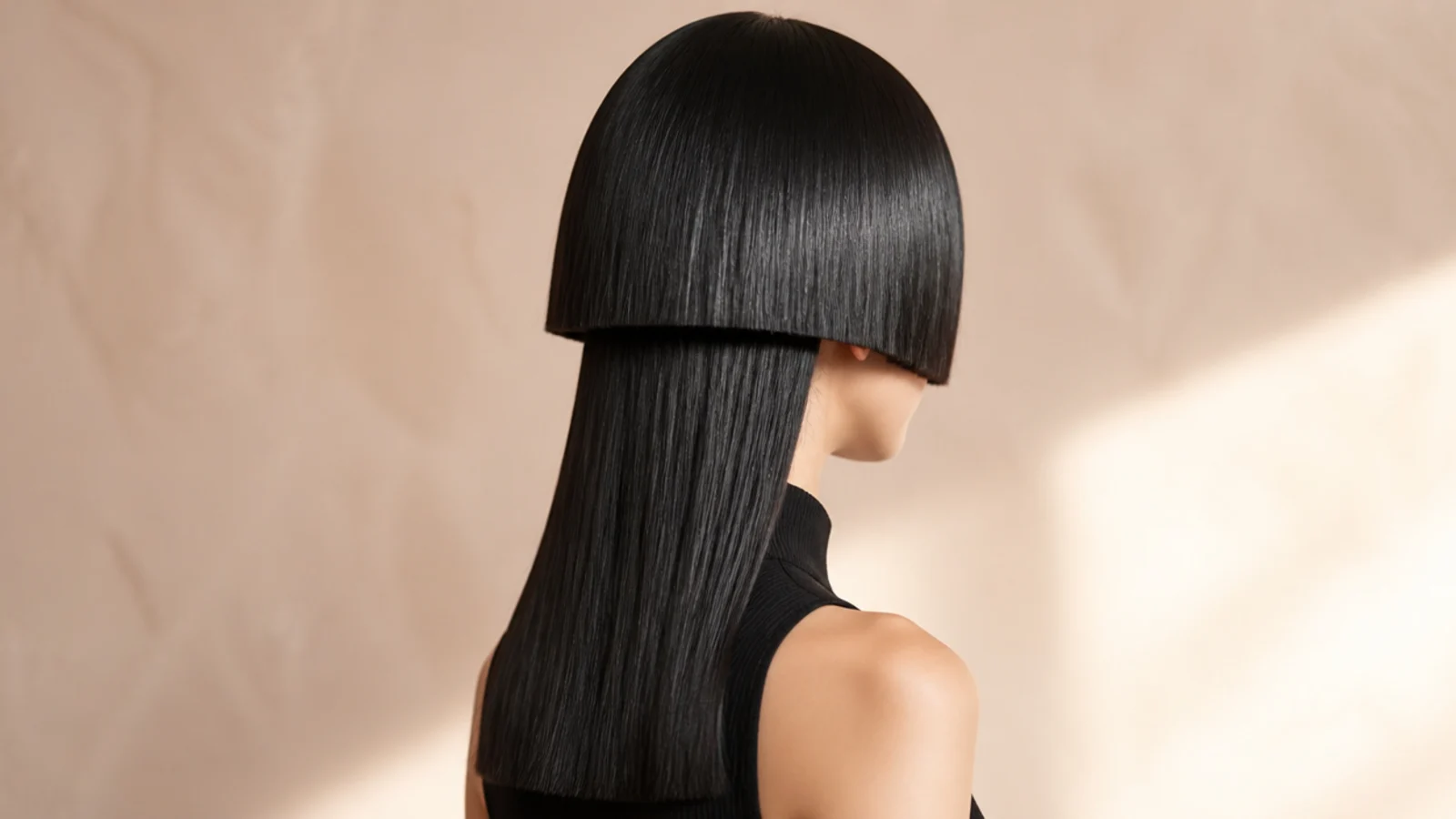 Sleek medium jellyfish haircut on glossy straight black hair with a mirror-smooth blunt bell
