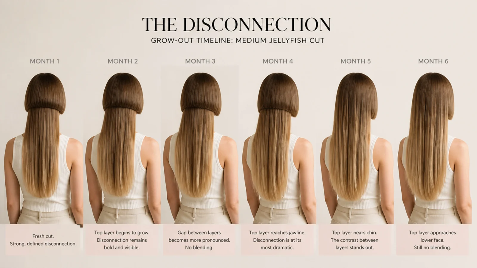 Grow-out timeline for a medium jellyfish haircut from month one to month six