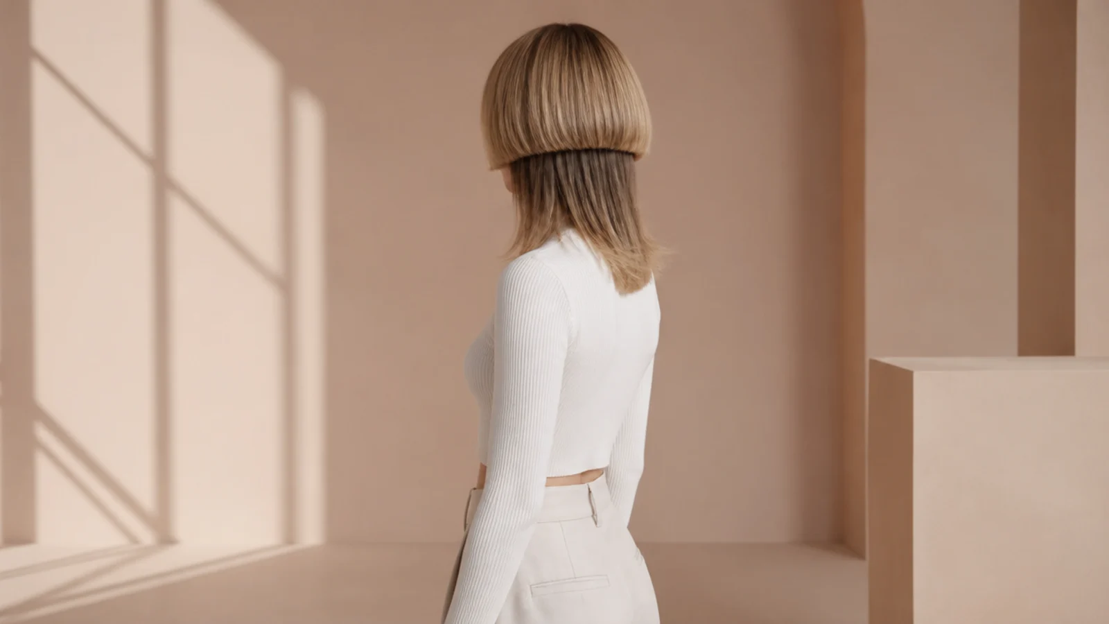 Medium jellyfish haircut on a woman with a jaw-length rounded bell layer over collarbone length hair