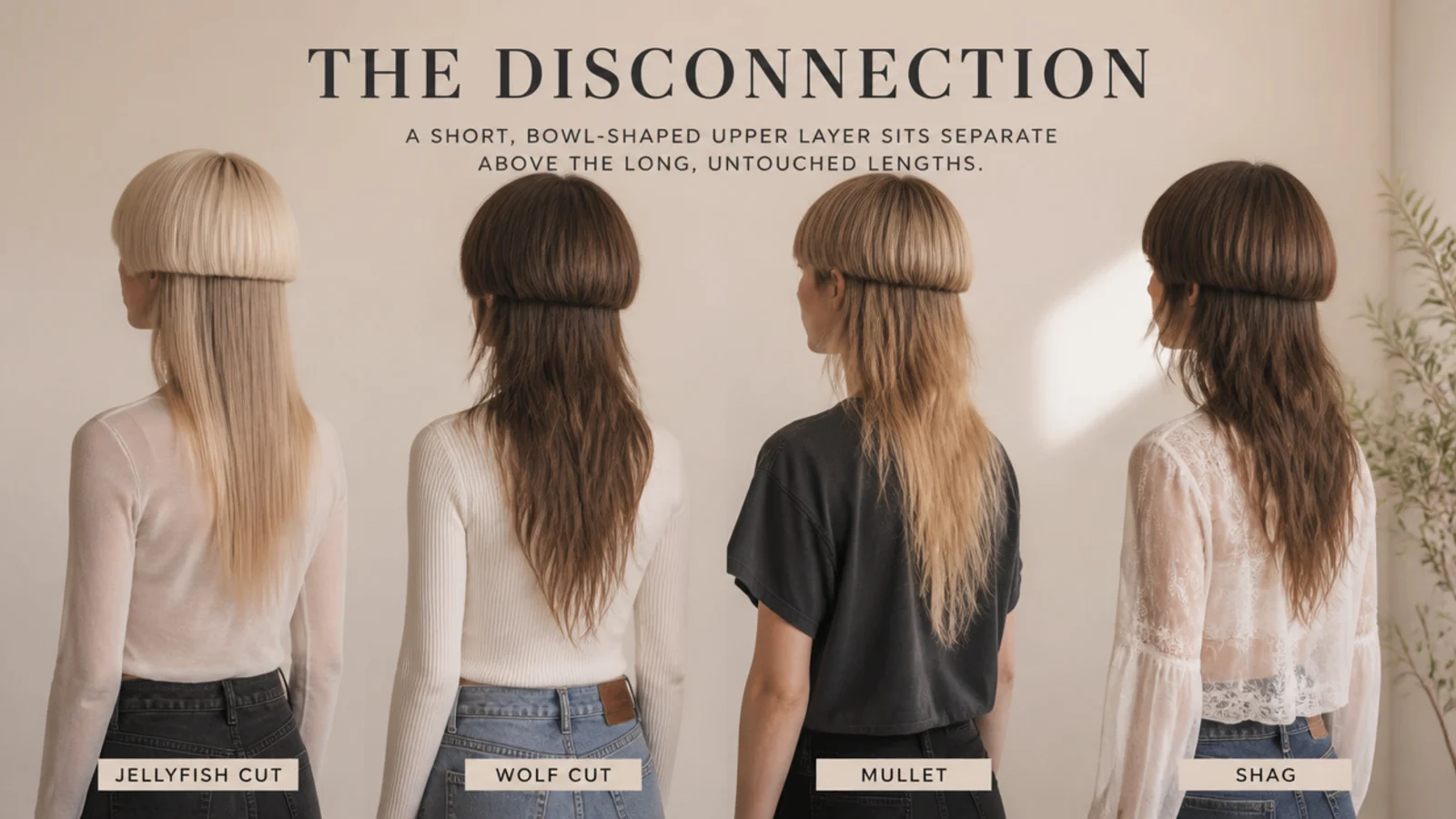 Side by side comparison of a medium jellyfish haircut, a wolf cut, a mullet and a shag